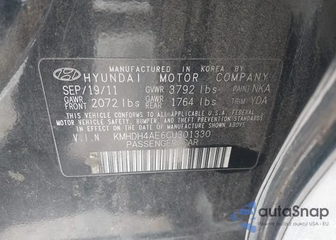 2012 Hyundai Elantra Gls (Ulsan Plant) from USA, damaged, VIN KMHDH4AE6CU301330